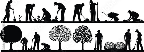 Gardener and landscaping worker silhouettes planting trees and flowers, garden maintenance team with tools isolated on white background, horticulture and outdoor landscaping concept illustration