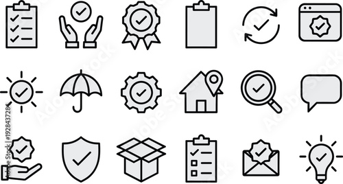 Quality assurance and approval line icon set, checklist certification security verification business process vector illustration collection isolated