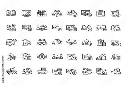 Assorted icons depicting various household and office appliances and furniture in simple line art