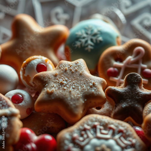 A close-up of various decorated Christmas cookies in different shapes and colors