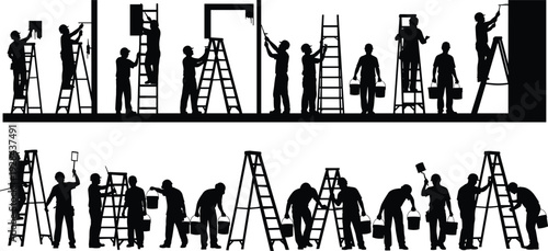 House painter worker silhouettes on ladders painting walls and carrying buckets, professional home renovation and maintenance team isolated on white background illustration