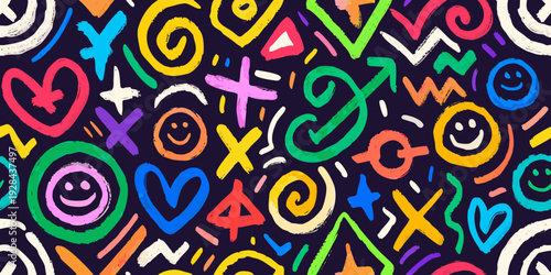 Colorful doodle pattern featuring hearts smiles and abstract shapes
