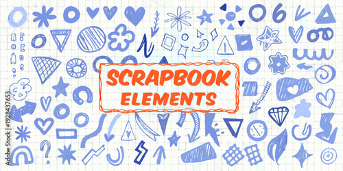 Colorful doodles and hand drawn scrapbook elements on lined paper