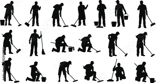 Janitor and cleaning worker silhouettes mopping floor with bucket and broom, professional housekeeping and sanitation staff isolated on white background illustration set