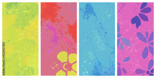 Colorful vertical panels with textured backgrounds and floral motifs