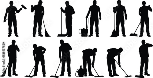 Janitor and cleaning worker silhouettes sweeping and mopping floor, professional housekeeping and maintenance staff isolated on white background illustration set