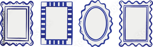 Set of four blue decorative hand drawn vintage frames, isolated on white background vector illustration ornate border collection design elements