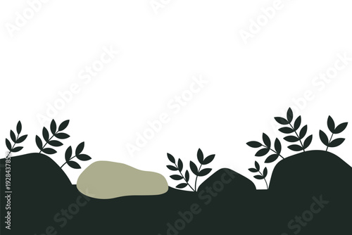 Minimalist landscape with rocks and plants on white background with copy space