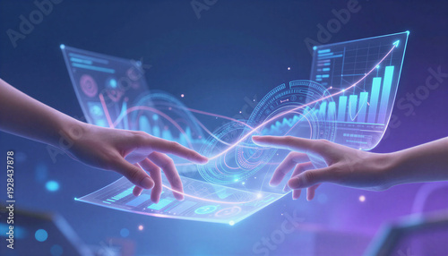 Digital hands interacting with holographic data and graphs  