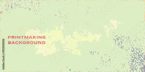 Abstract pastel green background with textured spots and red text