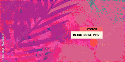 Vibrant pink tropical leaves with retro noise and vector graphic elements