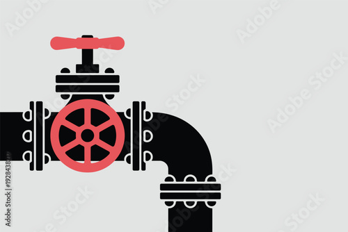Industrial valve controlling pipeline flow with red handle with copy space