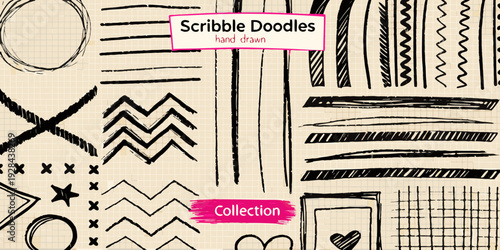 Collection of hand drawn scribble doodles and decorative elements