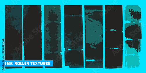 Abstract vertical shapes resembling ink roller textures in teal hues