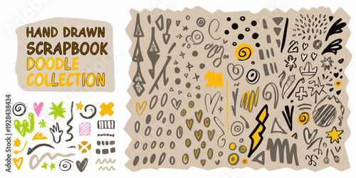Hand drawn scrapbook doodles and abstract shapes on a tan background