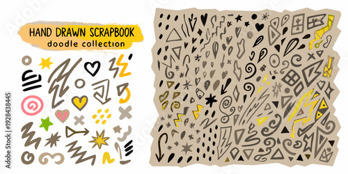Hand drawn scrapbook doodles and elements on a beige background