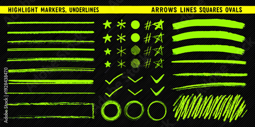 Collection of bright green highlighter marker strokes shapes and doodle elements