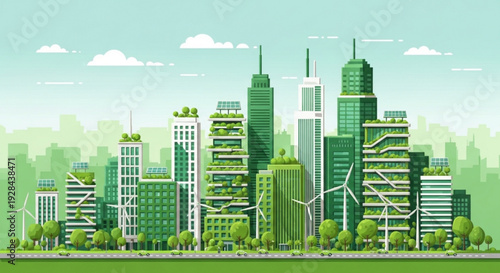 Sustainable cityscape with green buildings wind turbines and eco friendly architecture in a futuristic urban landscape