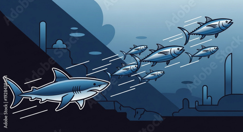 School of fish swimming with shark in ocean depths dynamic underwater scene with predator and prey