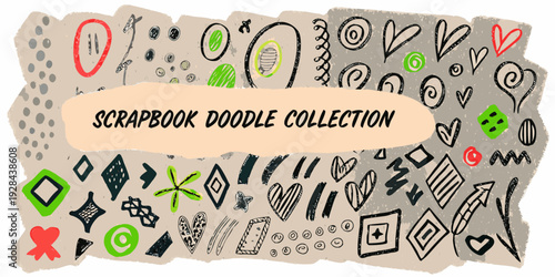 Colorful scrapbook doodles and hand drawn elements on a light background