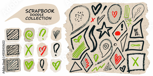 Hand drawn scrapbook doodles and sketches in black and green tones