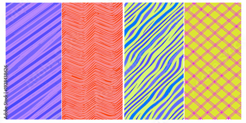 Four vibrant panels display different colorful patterned backgrounds