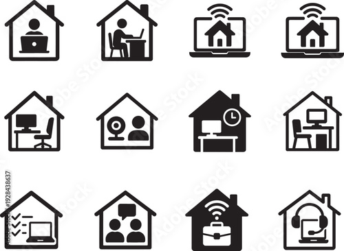 Work from home icon set in multiple styles. Modern remote work vector EPS collection pack.