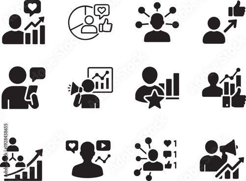 Influencer marketing icon set for social media campaign success and analytics vector EPS pack.