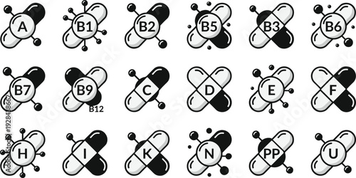 Vitamin pills and supplement capsules icon set, black white medical pharmacy symbols collection, nutrient letters vector illustration isolated design