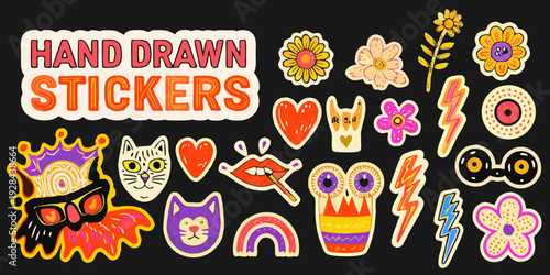 Colorful hand drawn stickers featuring flowers hearts and playful characters