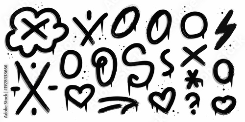 Black and white graffiti style doodles with hearts stars and symbols