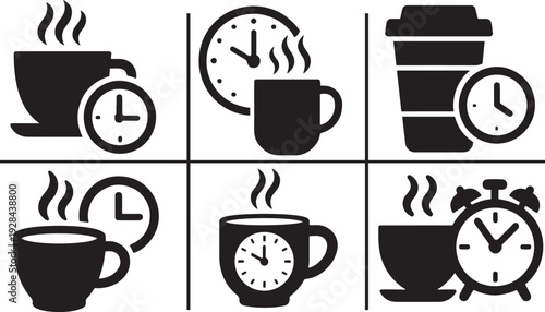 Silhouette coffee time icon set with clock beside. Modern break time vector EPS collection pack.