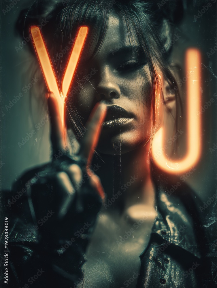 Obraz premium A woman makes a V-sign with neon-lit fingers bold, edgy, and defiant. The dramatic lighting highlights rebellion, youth culture, or empowerment.