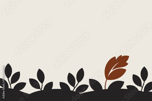 Unique brown leaf standing out among black leaves with copy space