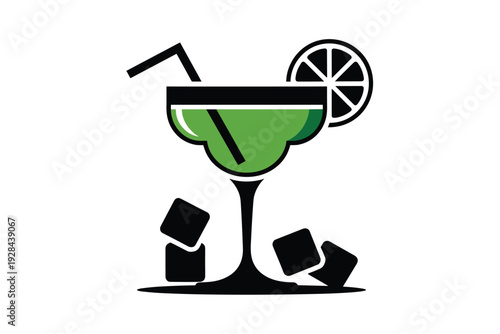 Refreshing green cocktail with lime and ice cubes with copy space