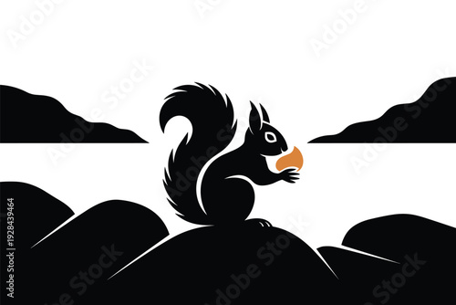 Squirrel sitting on rock with nut in mouth against scenic landscape with copy space