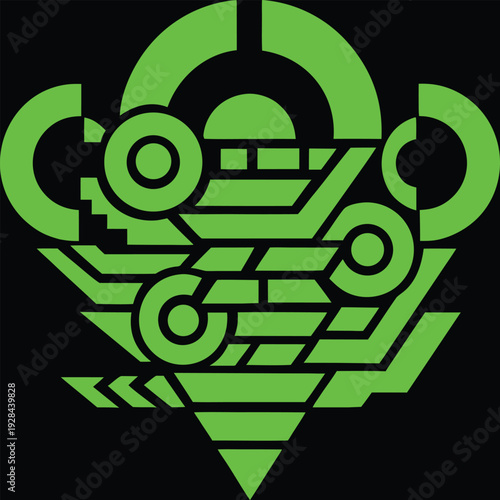 Abstract geometric logo emblem in green, futuristic digital design, complex technology art pattern, clean modern vector