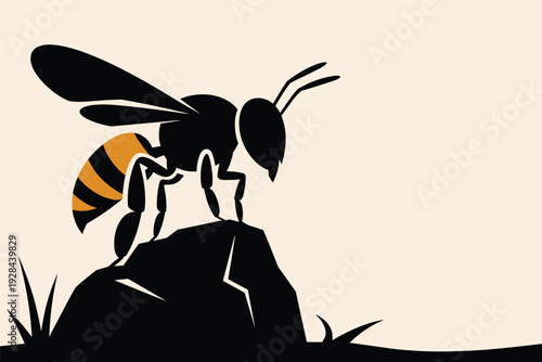 Stunning black and yellow wasp standing on a rock in a natural setting with copy space