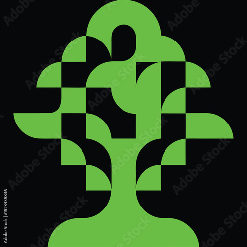 Stylized green tree abstract logo, geometric shapes, eco friendly concept, modern organic design, flat vector art