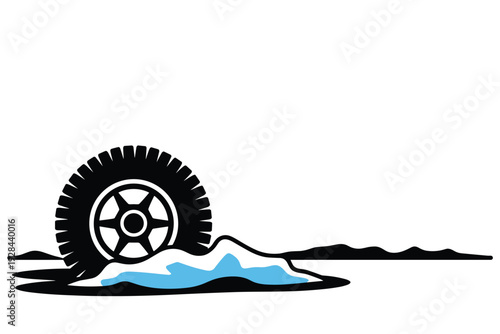 Tire stuck in muddy terrain with mountain landscape with copy space