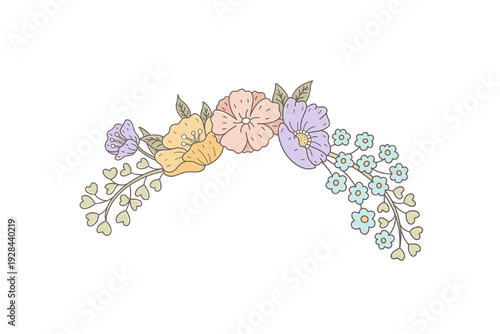 Delicate hand drawn floral arrangement in pastel colors arching wreath of flowers and leaves isolated on transparent background