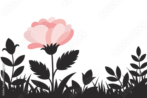 Pink flower blooming in garden with lush foliage with copy space