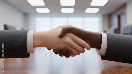 Two business professionals shaking hands in a modern office setting, symbolizing partnership