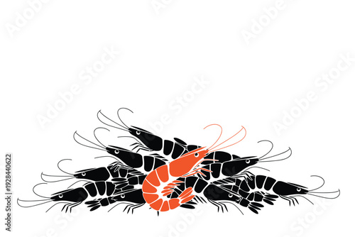 Vibrant orange shrimp stands out in group of black shrimp with copy space