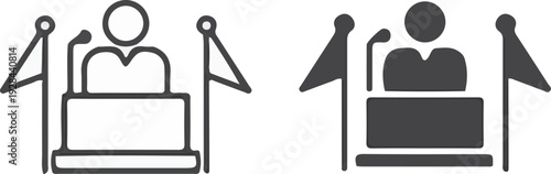 public speaker podium microphone icon set in outline and solid silhouette style for conference event political education or corporate leadership brand identity