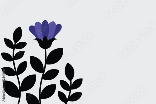 Simple elegant purple flower with black leaves on white background with copy space