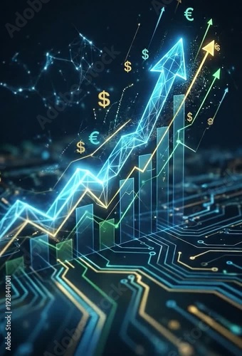 Digital economy grows with rising stock charts on circuit board background