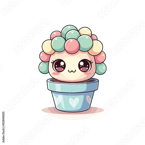 Cute cartoon potted plant with pastel ball clusters and face