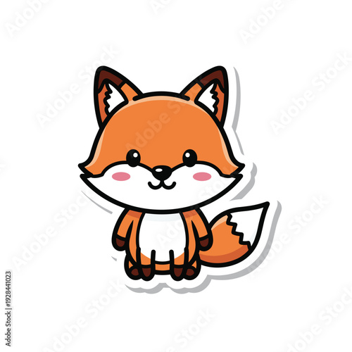 Cute cartoon red fox with white chest and pink cheeks sitting