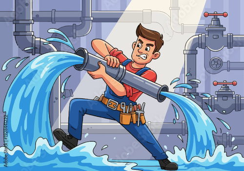 Cartoon plumber struggling to fix a burst pipe with water gushing out in a pipe-filled room.